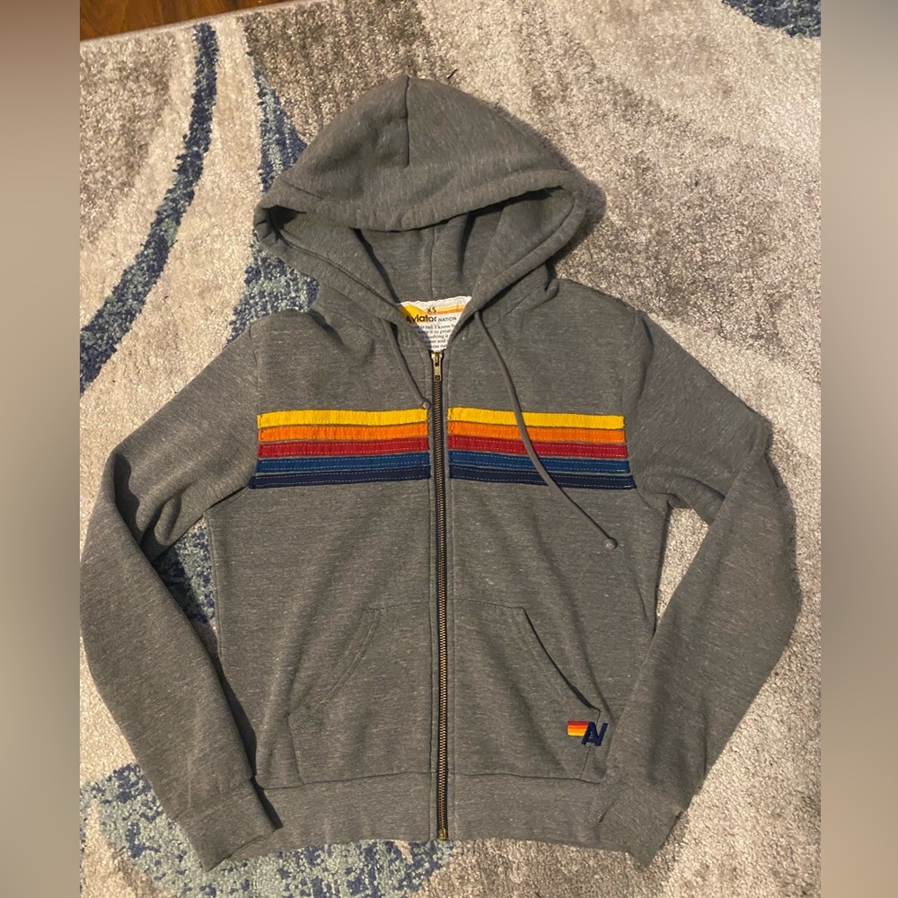 Aviator Nation Gray Zip-Up Hoodie with Striped Detail XS